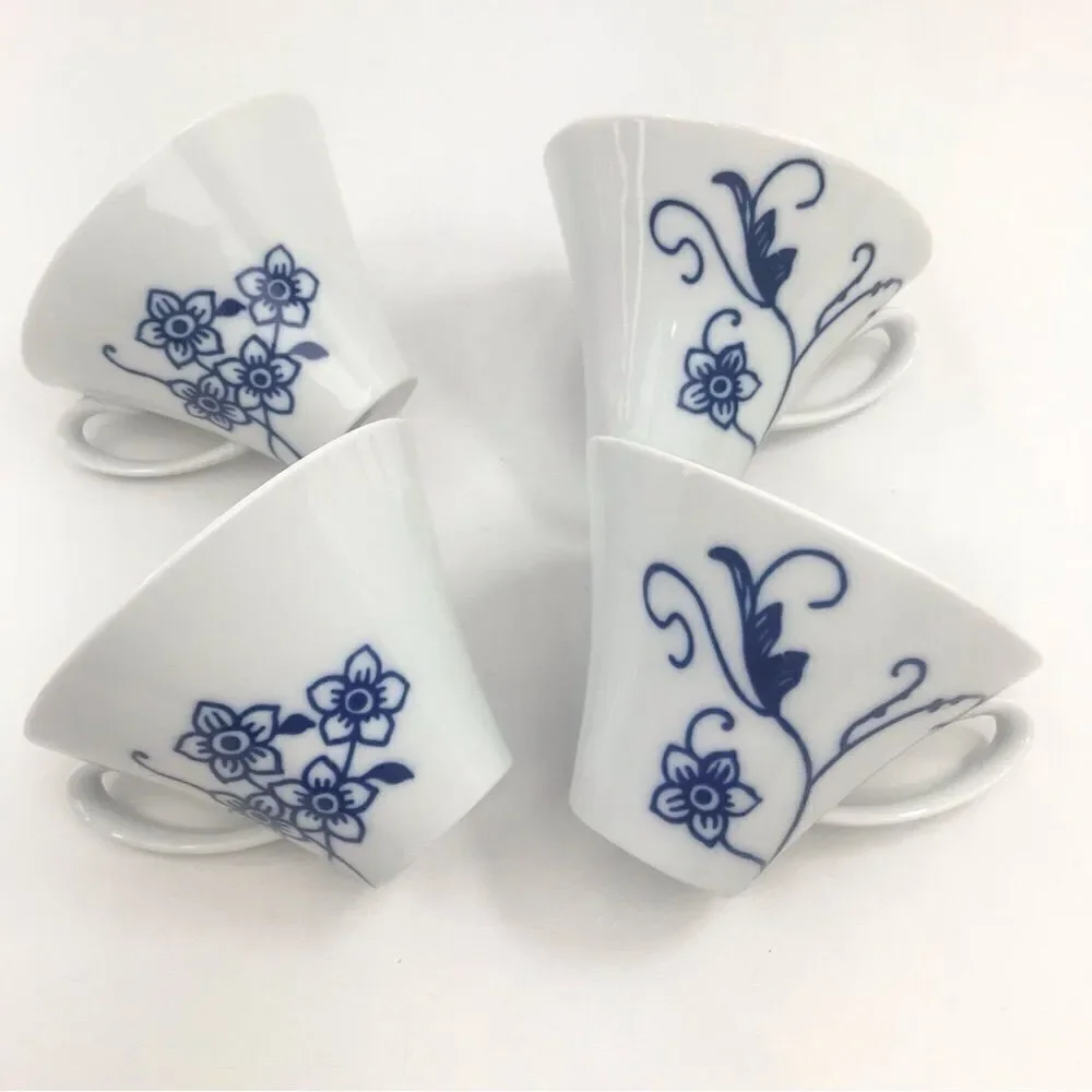 Crate & Barrel CAMILLE White Blue Floral Set of Four Porcelain Tea Coffee Mugs